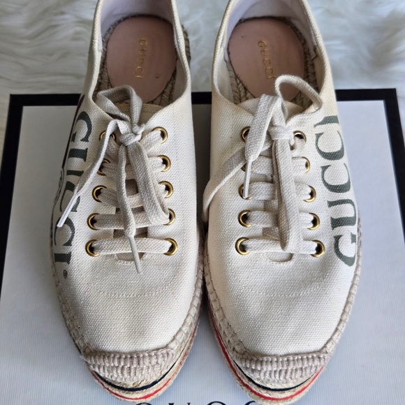 Gucci Canvas Logo Lace-Up Platform Espadrilles - Picture 2 of 7
